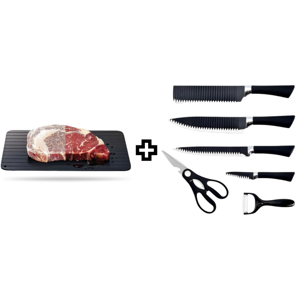 Kit de cozinha com quatro facas, tesoura, descascador e tábua de descongelamento